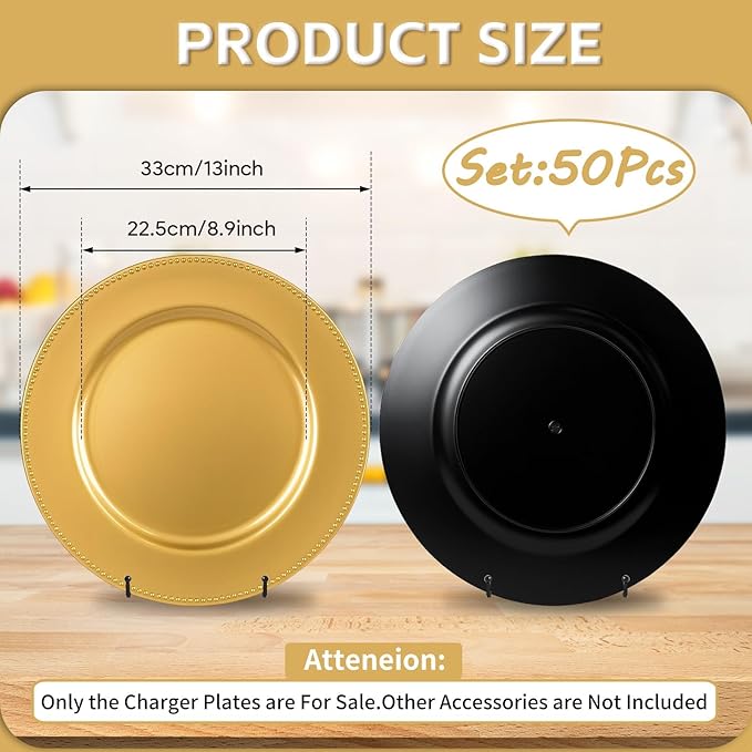 PROY 50 Pack Gold Charger Plates, 13 Inch Plastic Round Gold Chargers for Dinner Plates with Beaded Rim, Reusable Plastic Table Chargers for Wedding, Party