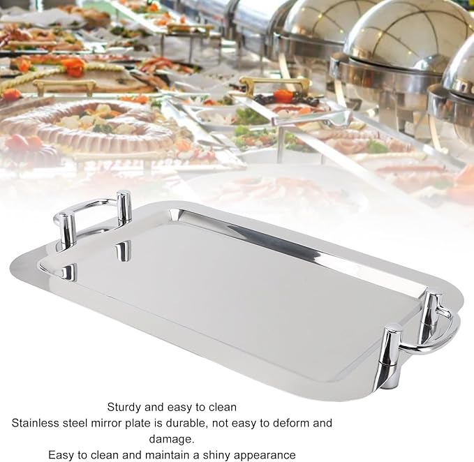 Stainless Steel Serving Tray, Stainless Steel Platter with Handle Multifunction Portable Metal Serving Tray Dinner Plate for Coffee Desserts Cakes (Rectangle Shape with Silver Handle, 47.5cm)