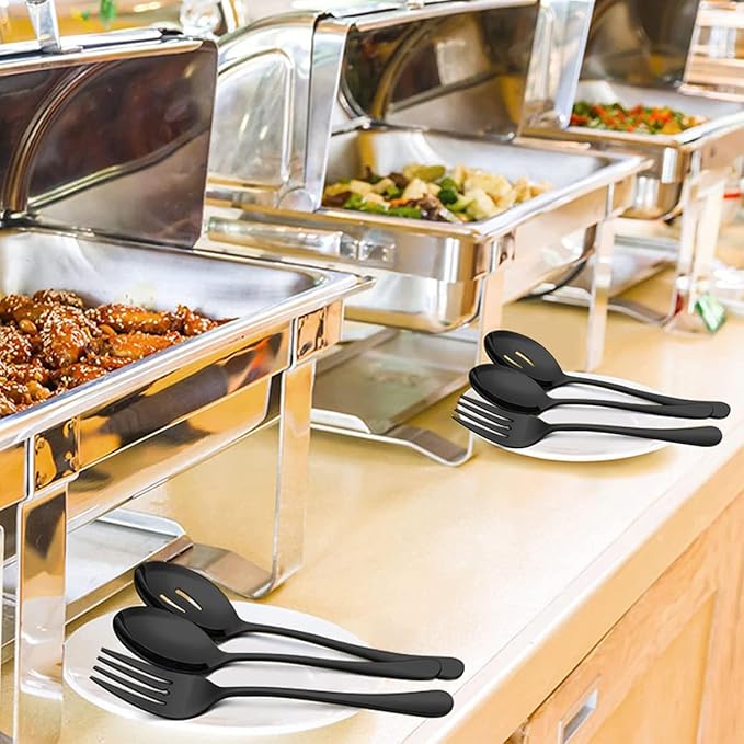 Silverware Sets, Includes 2 Serving Spoon,2 Slotted Serving Spoon, 2 Serving Fork, Stainless Steel Serving Spoons for Parties,Buffet Serving Utensils Set (Black)