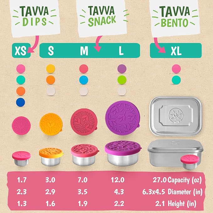 TAVVA Stainless Steel Snack Containers for Kids [12oz/ 7oz/ 3oz] - Leakproof with Silicone Lids - Lunch Box for Kids - Metal Lunchbox for School, Office, Home Food Storage - Dishwasher & Freezer Safe