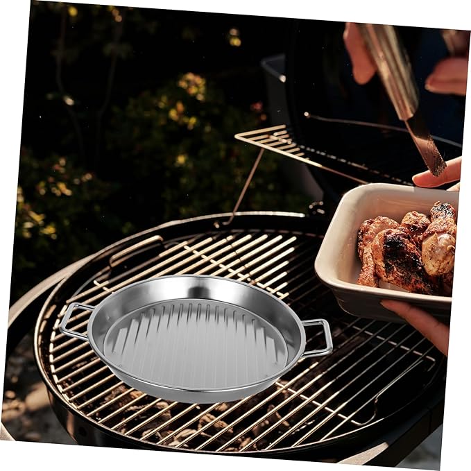 Stainless Steel Round Steak Plate Seafood Serving Tray Elegant Double Ears Design for Family Meals and Outdoor Bbqs and Stylish Silver Finish