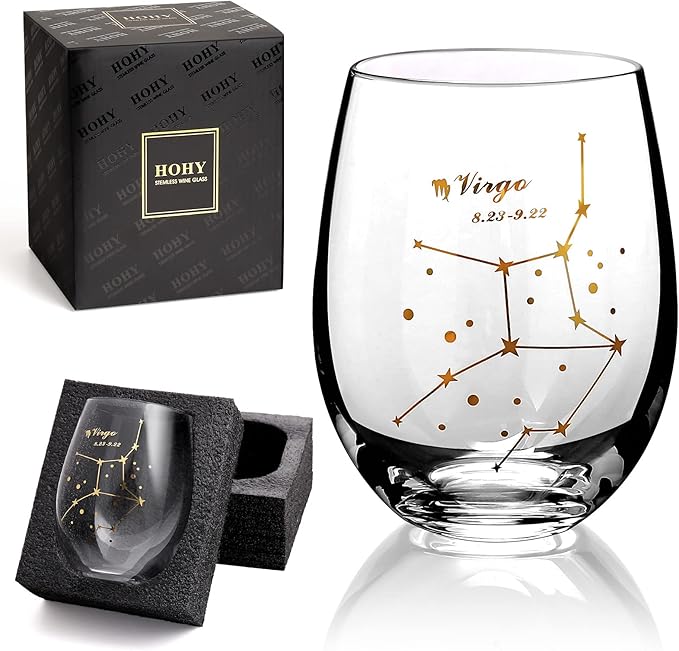 HOHY Virgo Zodiac Wine Glass 20 Oz, Virgo Zodiac Birthday Horoscope Gifts for Women, Birthday Wine Glass Astrology Constellation Christmas Gifts for Women, Constellation Wine Glasses Golden