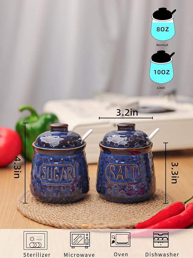 GDCZ 10 Oz Ceramic Salt and Sugar Bowls Set with Lid and Spoons, Seasoning Container, Dishwasher Safe, Set of 2 (Blue)
