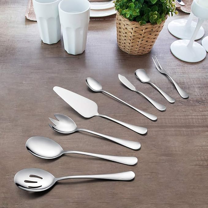 LIANYU 14 Piece Serving Spoons and Serving Utensils Set, Stainless Steel Serving Flatware Silverware Set with Slotted Spoons, Forks for Party Dinner, Mirror Finished, Dishwasher Safe
