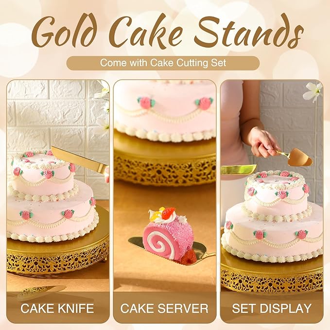 Wenqik 14 Inch Christmas Cake Stand Gold Metal Round Cupcake Dessert Stand with Cake Cutting, Spatula Xmas Cupcake Pastry Display Candy Holder Display for Christmas Wedding Birthday Party(Classic)