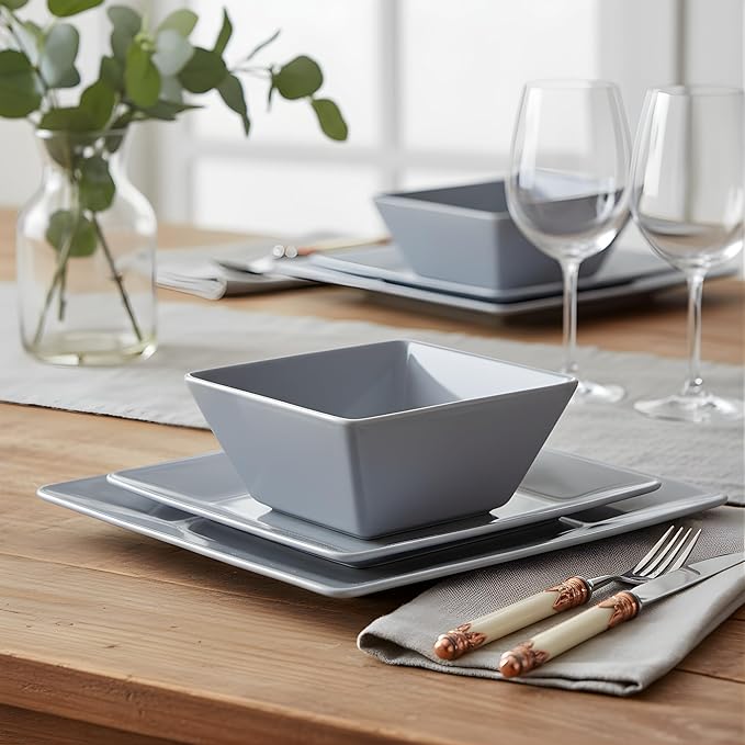 TP 12-Piece Dinnerware Set, Melamine Dishes Set with Bowls and Plates, Non-breakable and Lightweight Square Dinner Set for 4, Grey