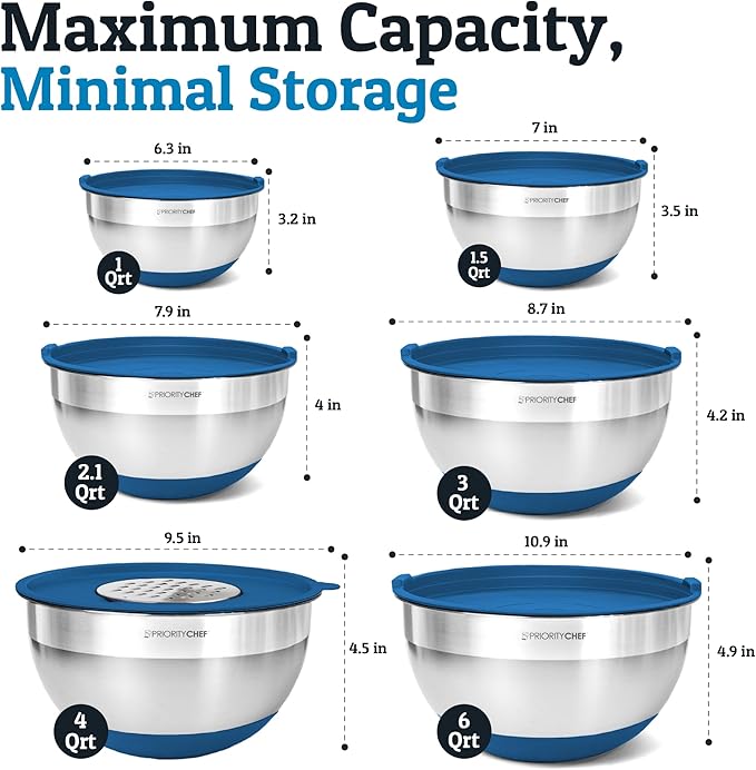 Priority Chef Stainless Steel Mixing Bowls with Lids Set - Premium 30Pcs with 6pc Metal Bowl Set for Kitchen, 3 Graters, Airtight Lids, Non-Slip Bases & Silicone Utensils, Blue