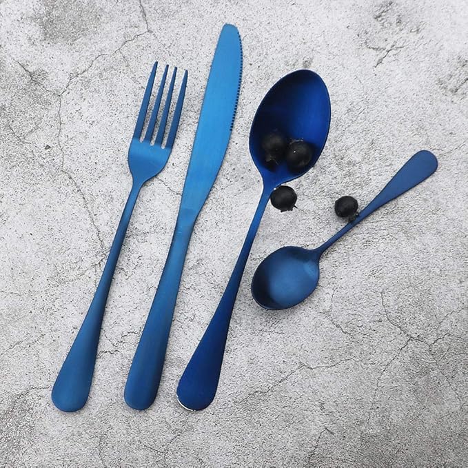 JASHII Matte Silverware Set, 24-Piece Stainless Steel Satin Finish Flatware Service for 6, Kitchen Utensils, Tableware Cutlery for Home and Restaurant (Blue Full)
