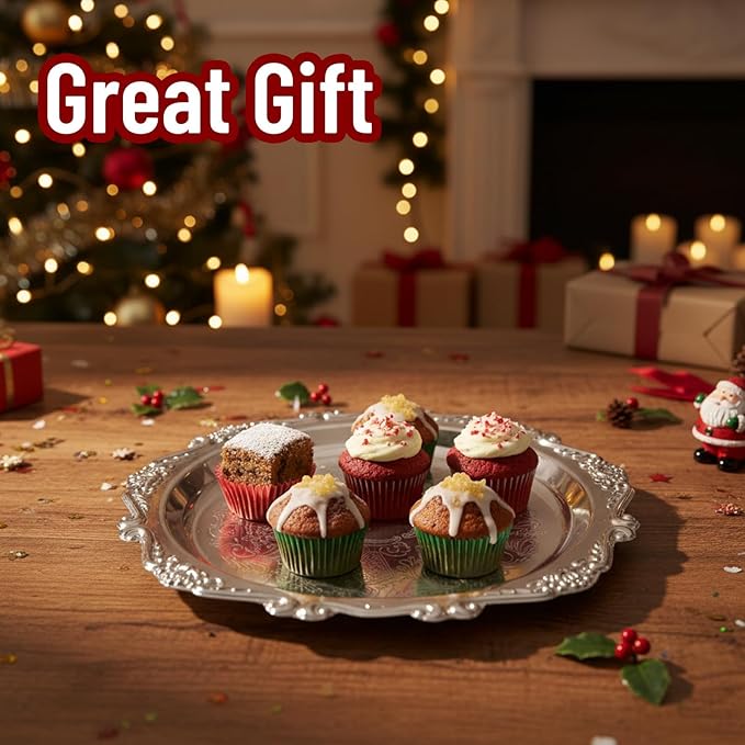 2 pcs Silver Platter, Silver Platter Tray, 8-Inch and 3-Inch Decorative Set, Alloy Metal Serving Dish for Food Display and Home Decor