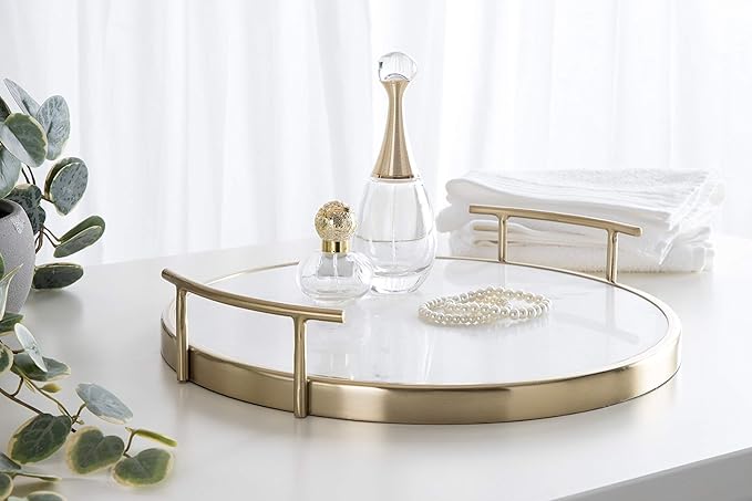 Kate and Laurel Marbury Modern Round Tray, 14 inch Diameter, White Marble and Gold, Contemporary Marble Tray for Storage and Display