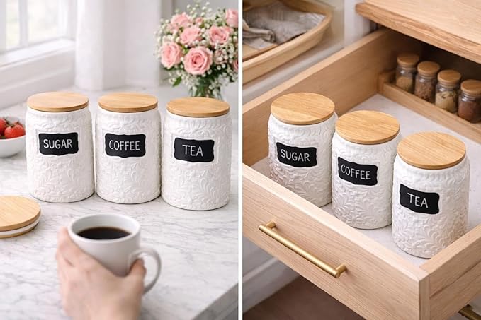 Decorative Ceramic Canister for the Kitchen Set of 2 (94oz/2779ml & 52oz/1537ml) – Airtight Flour Sugar Coffee Containers with Bamboo Lids, Large Kitchen Counter Storage Jars