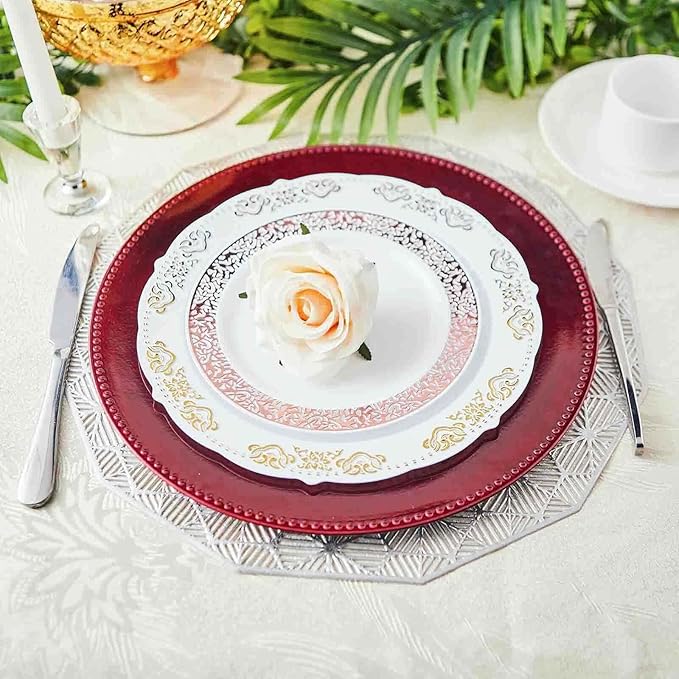13" Charger Plates -Set of 12 - Acrylic Burgundy Round Beaded Disposable Chargers, Ideal for Dinner Party Wedding Bulk Events Tabletop Decoration