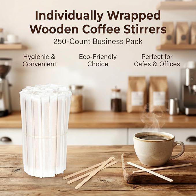 MAQIHAN 250PCS Individually Wrapped Wooden Coffee Stirrers - 5.5 Inch Biodegradable Beverage Stir Sticks for Hot & Cold Drinks, Eco-Friendly Disposable Coffee Sticks for Office, Home, Café