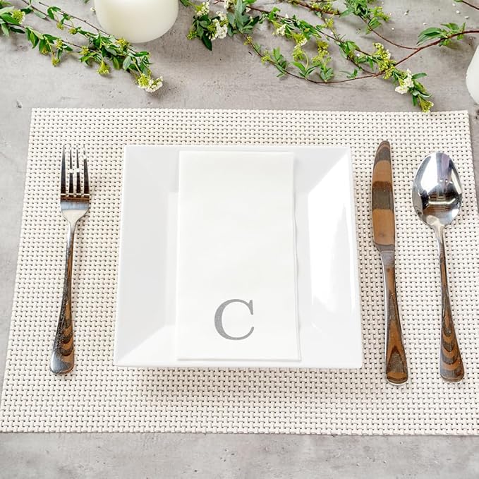 Luxenap 15.8 X 7.9 Inch Linen-Feel Guest Towels, 50 Lettered Hand Towels - Silver Letter 'C', Sans Serif Font, White Paper Dinner Napkins, airlaid, For Restrooms And Tables - Restaurantware