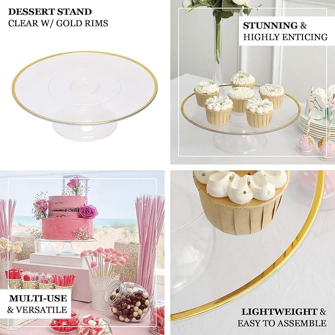 Efavormart 2 Pack | 12" Clear with Gold Rim Plastic Cupcake Dessert Display Riser, Disposable Pedestal Cake Stand