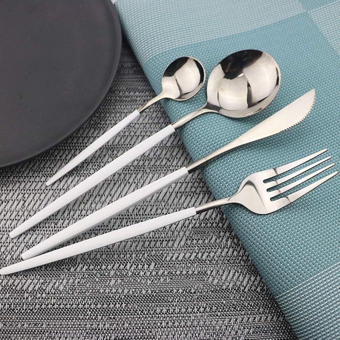 JASHII 24 Piece Titanium White Plated Stainless Steel Flatware Set, Flatware Set, Cutlery Set Service for 6 (White Handle, Shiny Silver)
