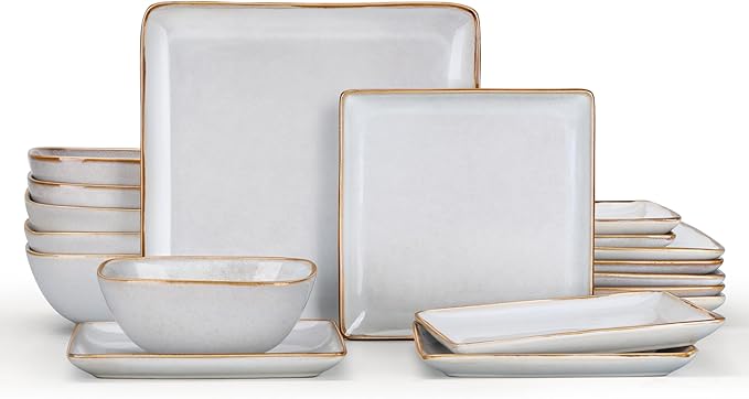 E-far Square plates and bowls Sets for 6, 18-Piece Reactive Glaze Stoneware Dinnerware Sets, Porcelain Dishware Sets for Kitchen Home, Microwave & Dishwasher Safe, Seashell White