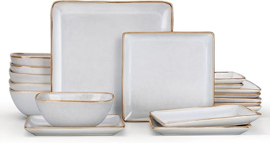 E-far Square plates and bowls Sets for 6, 18-Piece Reactive Glaze Stoneware Dinnerware Sets, Porcelain Dishware Sets for Kitchen Home, Microwave & Dishwasher Safe, Seashell White