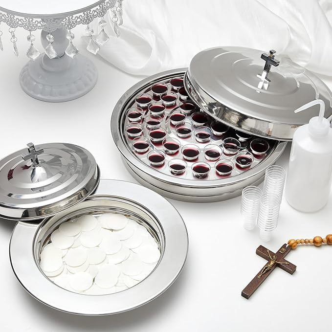 Zhehao 3 Pcs Communion Set Holy Trays for Churches with Lid Communion Plates with Lid Churches Cups Filler and Disposable Cups Supplies (Silver)