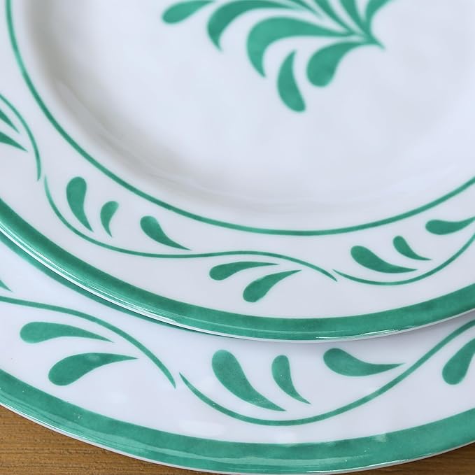 Melamine Dinnerware Sets 12 Pcs, Melamine Plates and Bowls,Party Plates and Bowls Sets, Camping Dishes Set for 4, Unbreakable, BPA Free, Dishwasher Safe （Green water drop flower）