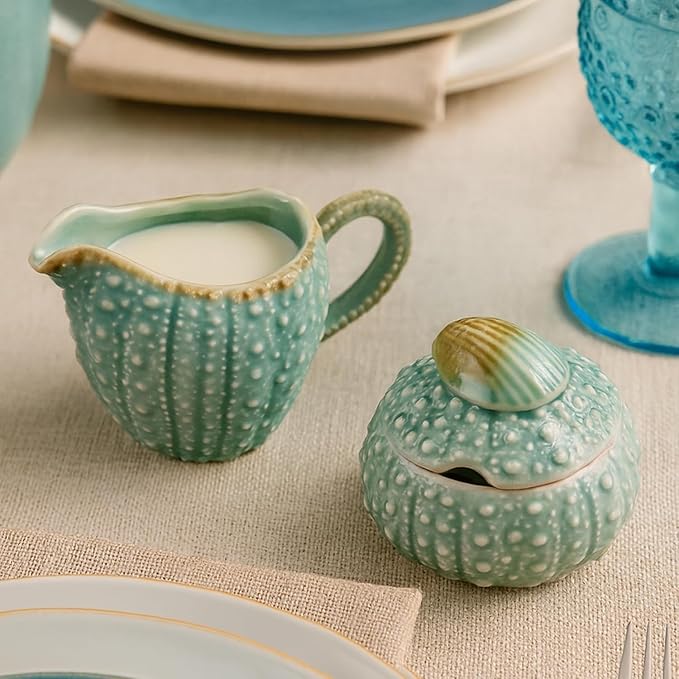 Blue Sky Clayworks Sea Urchin Creamer and Sugar Bowl Set, Turquoise, 3.75" H, 2-Piece