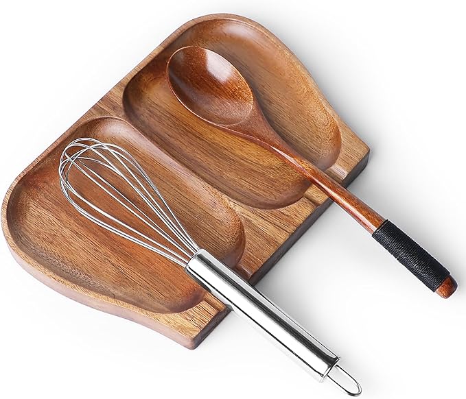 Large Acacia Wood Spoon Rest, Double Wooden Spoon Holder With Non Slip Silicone Feet, Handmade Kitchen Rest for Kitchen Countertop (Brown)