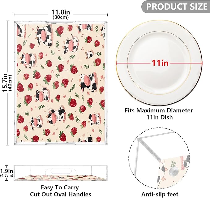 Serving Tray with Handles Clear Acrylic Tray 12x16 Inch Decorative Rectangular Tray Organizer for Ottoman Coffee Table Bathroom Beige Strawberry Cows