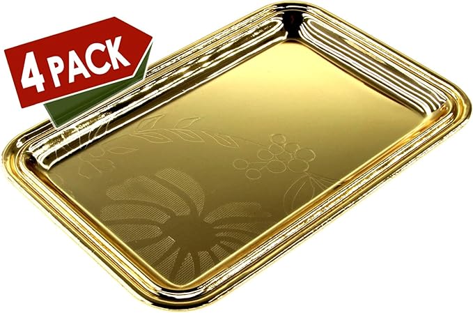 (Pack of 4) 7 inch x 4.7 inch Rectangular Iron Gold Plated Mirror Serving Tray Floral Engraved Decorative Party Birthday Wedding Buffet Wine Decor Platter Plate Base Dish CC-1155
