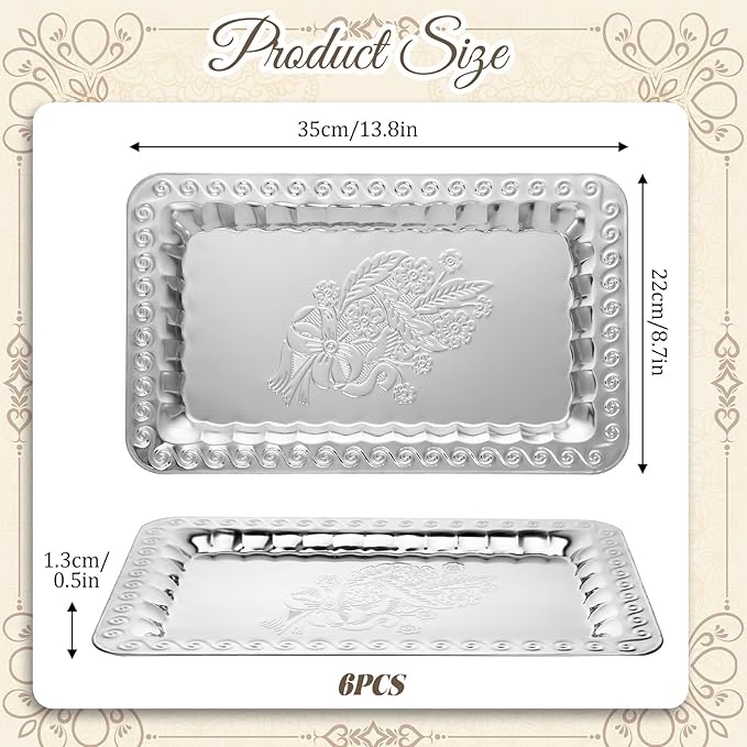 6 Pcs Silver Serving Trays, 13.8" x 8.7" Stainless Steel Rectangle Serving Tray, Decorative Silver Plates, Swirl Floral Engraved Tray, Metal Sizzler Plates for Coffee Table, Bar, Party, Club, Home