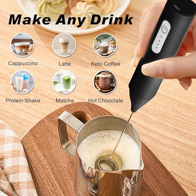 Rechargeable Milk Frother, Handheld Drink Mixer Electric Foam Maker for Coffee with Stainless Steel Whisk ＆ 3 Speeds, USB-C Coffee Frother Wand for Cappuccino, Latte, Matcha, Protein Powder (Black)