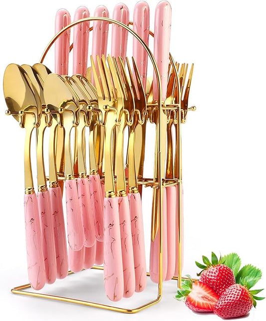 24 Pieces Flatware Set, Stainless Steel Cutlery Set with Silverware Holder, Modern Gold Silverware Set Includes Dinner Knives Forks Spoons,Hanging Silverware Set Service for 6 (Pink Gold)