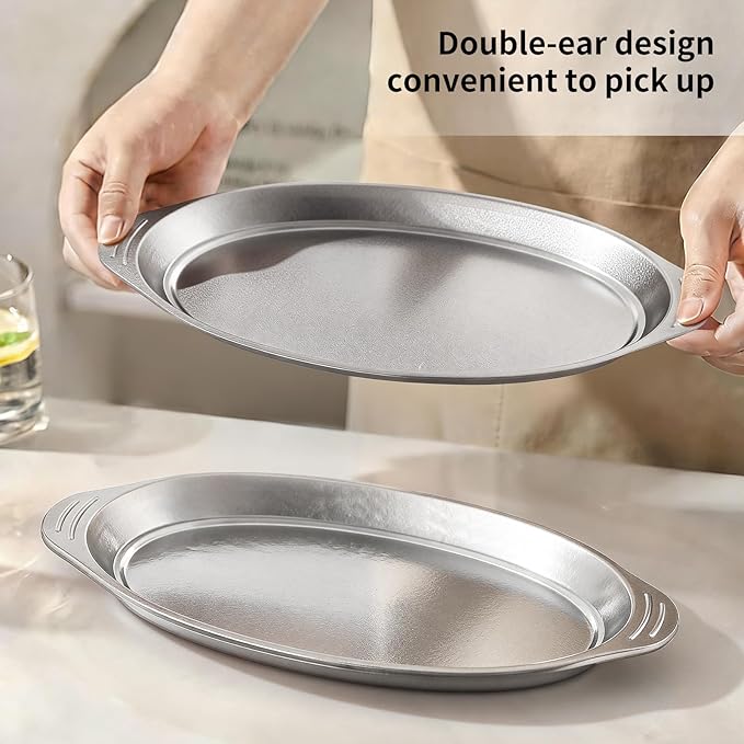 ZING TII 3 Pcs Pure Titanium Serving Tray Large Oval Platter Set, Silver Sizzle Plate for Fish Dessert Meat Sushi Birthday Wedding