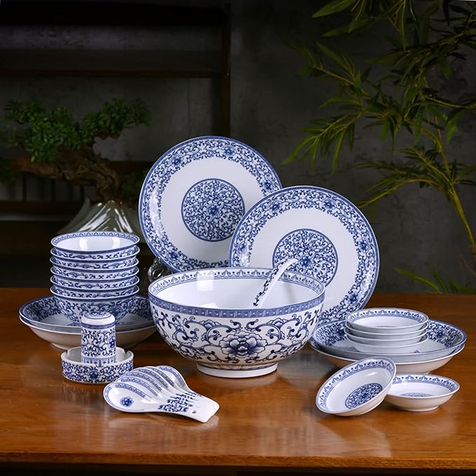 Porcelain Dinnerware Sets Plates and Bowls Sets Dinnerware Set,28 Piece Tableware Set,Blue and White Porcelain Tableware,Ceramic Salad Plate