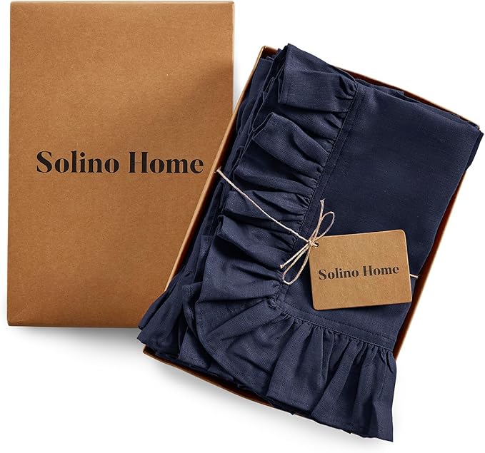 Solino Home Linen Ruffle Napkins Set of 4-100% Pure Linen Navy Blue Dinner Napkins Cloth 20 x 20 Inch for Winter - Gabrielle Ruffle, Handcrafted and Machine Washable