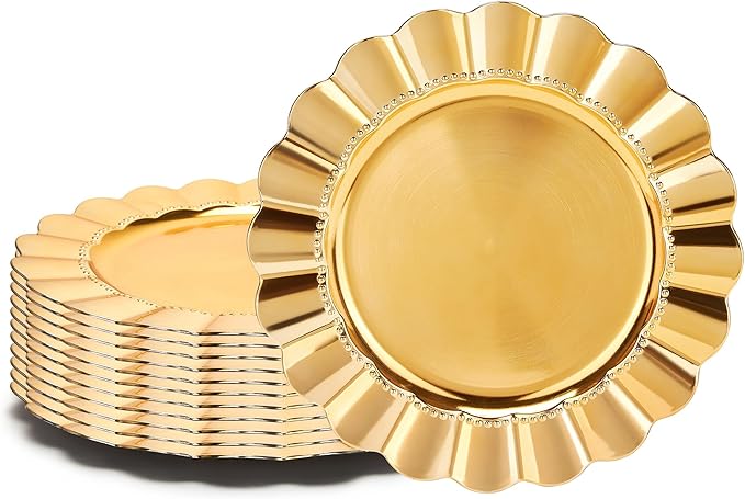 12 Piece Gold Charger Plate Set, 13Inch Round Disposable Charger Plates Alternative, Versatile Decorations for Events, Holidays, Celebrations and Gift Ideas