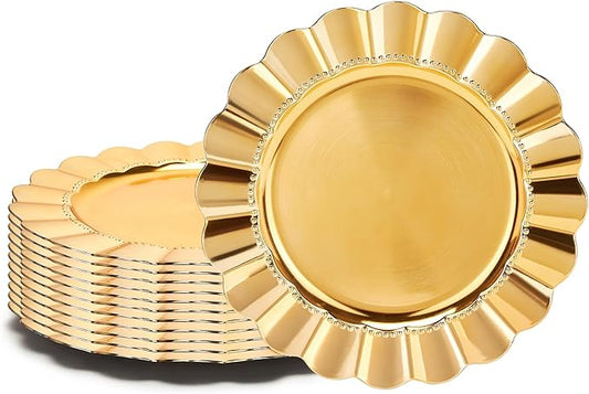 12 Piece Gold Charger Plate Set, 13Inch Round Disposable Charger Plates Alternative, Versatile Decorations for Events, Holidays, Celebrations and Gift Ideas