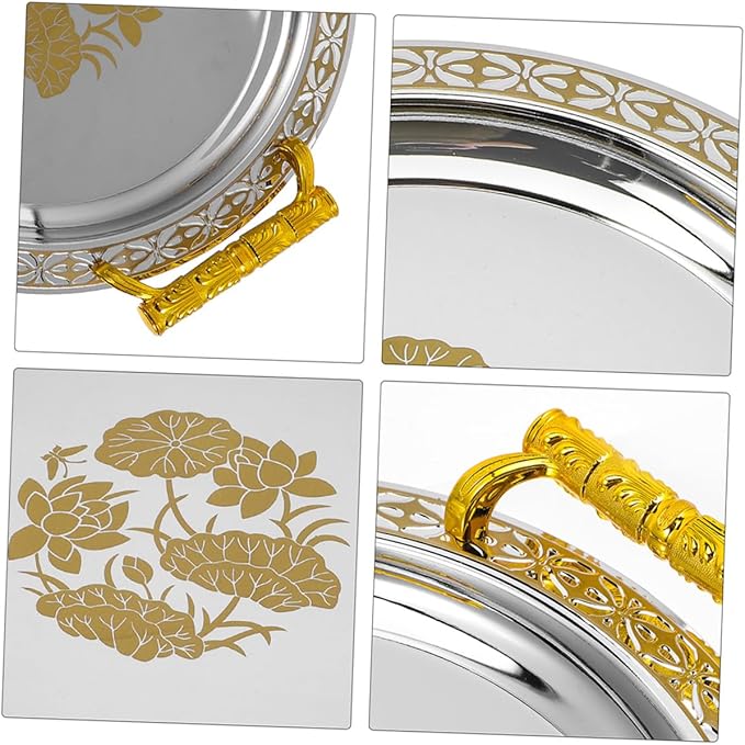 European Style Fruit Serving Tray Gold Patterned Round Appetizer Plate Sturdy Plastic and Stainless Fruit Holder for Home Buffet Party