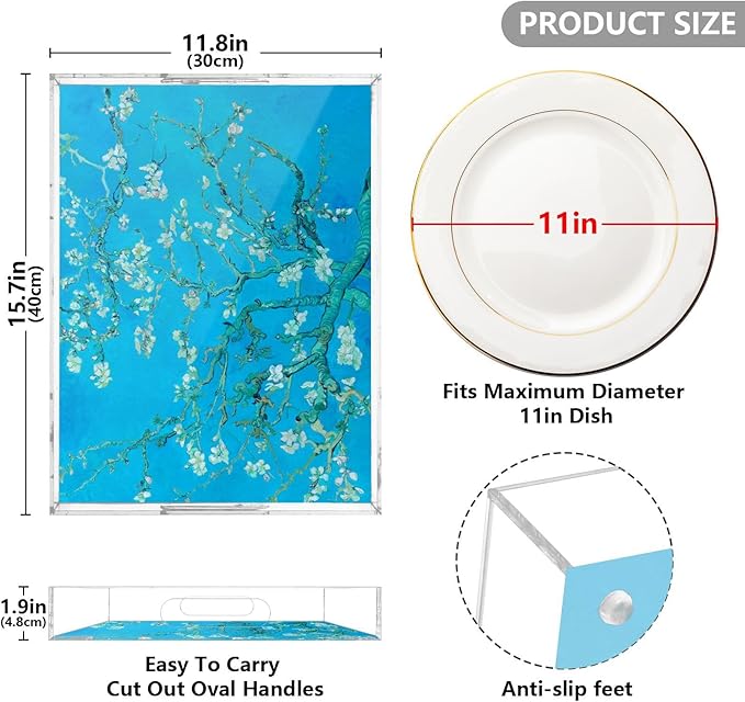 Serving Tray with Handles Clear Acrylic Tray 12x16 Inch Decorative Rectangular Tray Organizer for Ottoman Coffee Table Bathroom Van Gogh Almond Blossoms Blue