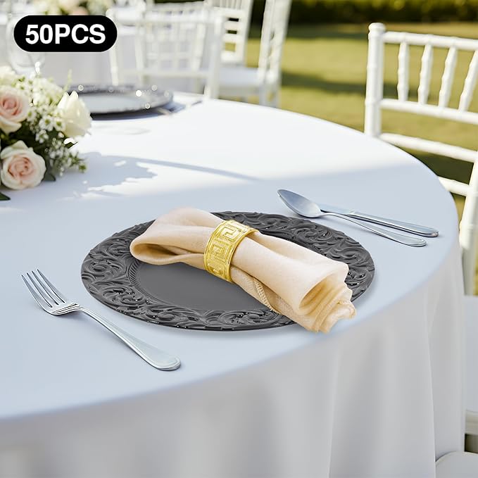 50 Pcs Antique Charger Plates Bulk Round Plastic Dinner Plate Embossed Rim Server Plate Decorative Chargers Floral Plates for Dinner Parties Wedding,13 Inch (balck-50pcs)
