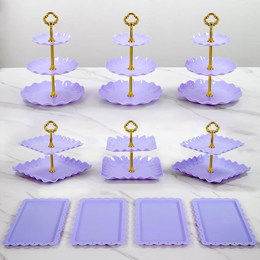 Pack of 10 NWK Cake Stand, Cupcake Stand, with 3X Two-Tier Cupcake Stands + 3X Three-Tier Cupcake Stands + 4 x Appetizer Trays Perfect for Birthday Baby Wedding Bridal Shower Party (Purple)