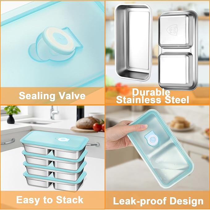 Stainless Steel Snack Containers with Lids, Reusable Bento Lunch Container Box, Food Storage, Leak Proof, Dishwasher-Safe, Grab and Go for Work, 3 Single + 3 Double Compartment