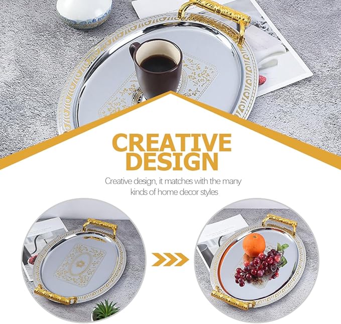 European Style Stainless Steel Serving Tray Vintage Oval Food Storage Tray for Snacks Fruits Desserts Reusable Easy to Clean for Home Restaurant Use Silver Gold Edge