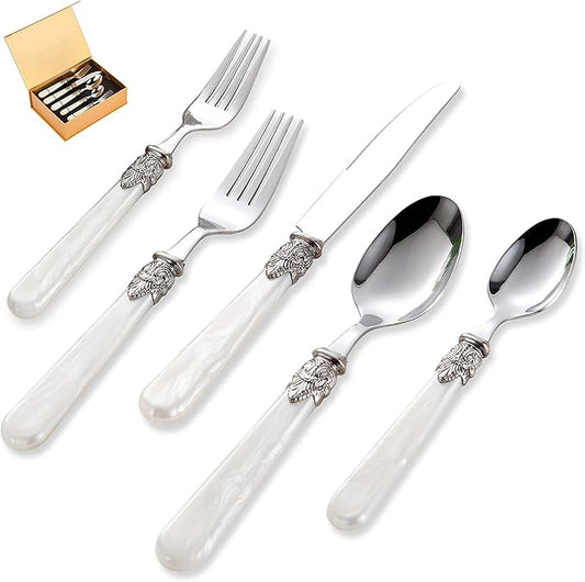 20 pieces Stainless Steel Vintage Flatware Sets With White Hanld,Silverware Set For 4,Dishware Safe(20, White)