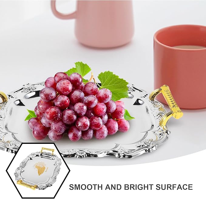 European Style Vintage Thickened Round Stainless Steel Serving Tray with Handles for Hotels Restaurants Home Dining Table Snack Fruit Food Platter