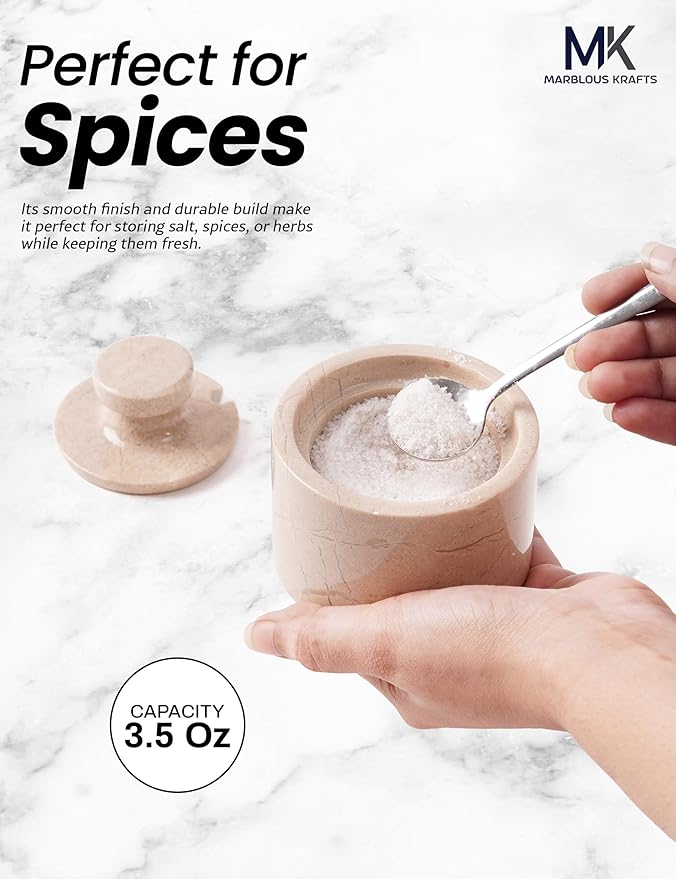 MARBLOUS KRAFTS Marble Salt Container with Lid & Spoon 3' Verona Pepper, Spices & Seasonings Jar for Kitchen Storage, Perfect Sugar Bowl & Salt Box Countertop Décor, Gift for Her