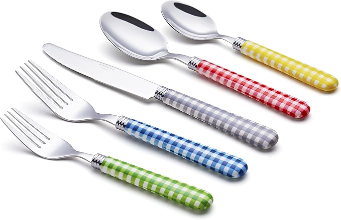 ANNOVA Silverware Set Stainless Steel Colorful Tableware Kitchen Flatware Set Utensils, Includes Dinner Knives, Forks, Spoons, Salad Forks & Dessert Spoons (Mix/Checkered, 20 Pieces)