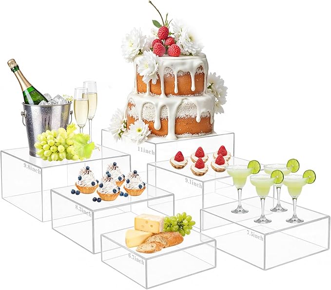 6pcs Large Buffet Risers And Display Stands(7"-11" Set), Acrylic Food Risers For Buffet Table, Dessert Stands, Party, Catering, Jewelry Showcase & Collectibles, Nesting Cube Boxes for Display