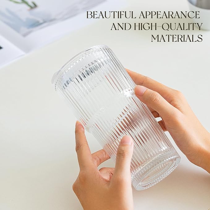 KEMORELA 2-Pack 20 oz Ribbed Glass Tumblers with Lids and Glass Straws – Vintage Iced Coffee Cups, Reusable Smoothie & Cocktail Drinking Glasses, Clear Glassware for Home or Cafe