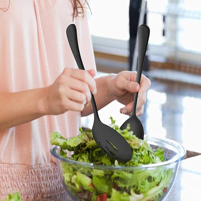 LIANYU 6-Piece Large Black Serving Spoons and Forks Set, 9.8 Inch Stainless Steel Buffet Catering Party Banquet Serving Spoon Fork, Mirror Finished, Dishwasher Safe