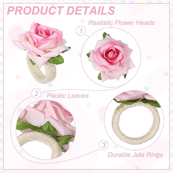 uxcell 4Pcs Flower Napkin Rings, Handmade Rose Napkin Ring Holders Buckles Table Decorations for Christmas Thanksgiving Valentine Decor Wedding Parties, Banquet, Home, Pink